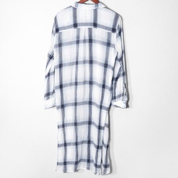 Calvin Klein Gauzy Plaid Shirt Dress Blue White Cotton Size L Weekend Ready - Picture 2 of 8